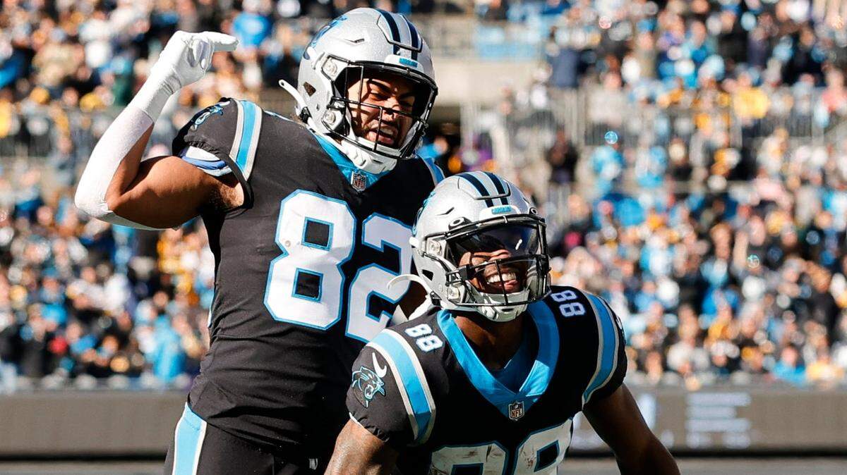 Carolina Panthers tight end Tommy Tremble (82) and Carolina Panthers wide receiver Terrace Marshall Jr. (88) celebrate during a game against the Pittsburgh Steelers at Bank of America Stadium in Charlotte, N.C., Sunday, Dec. 18, 2022.