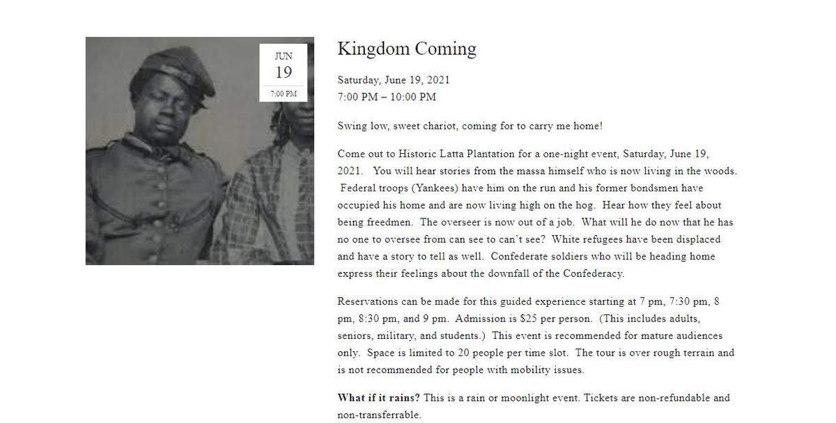 A description of a Juneteenth event at Latta Plantation has now been removed.