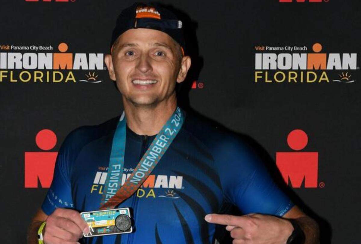 Val Kovalenko, photographed after finishing his first Ironman-distance triathlon in Florida in November.