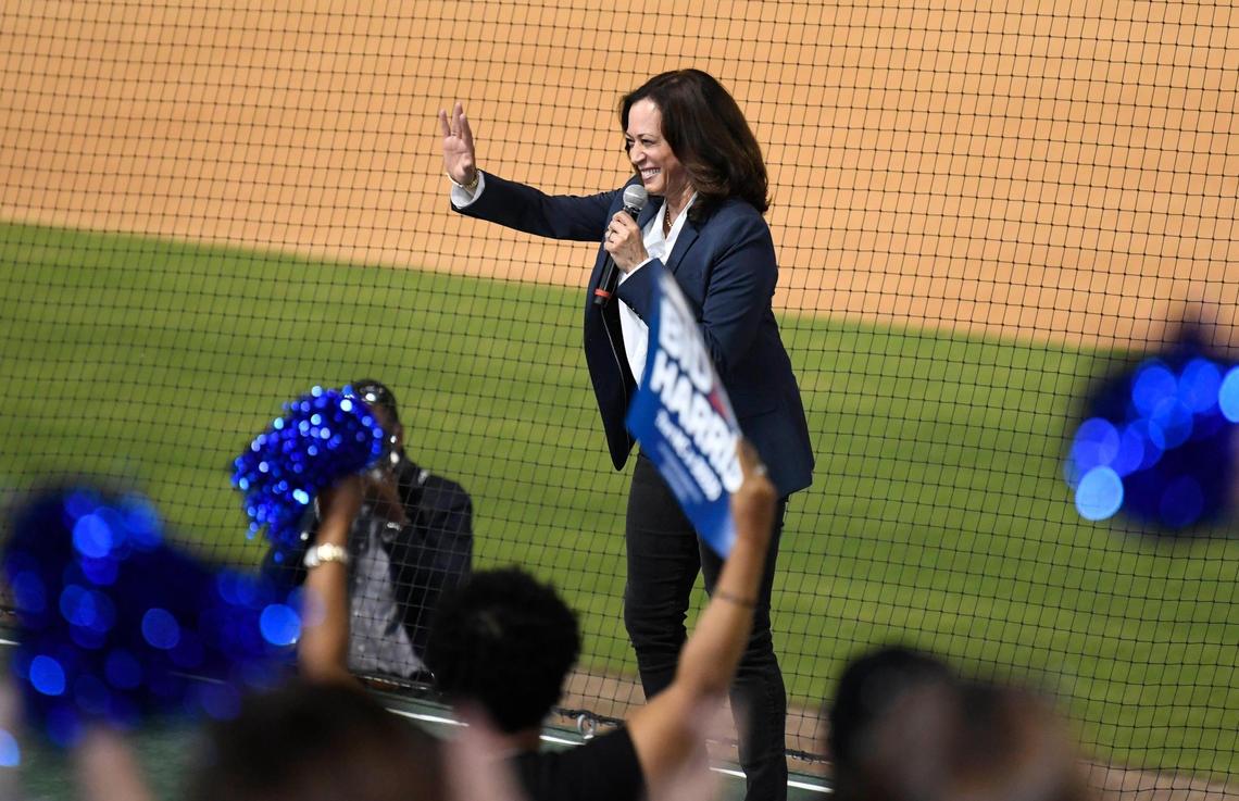 Democratic vice presidential candidate Sen. Kamala Harris waves after addressing the crowd at Truist Field during a campaign stop in Charlotte, NC on Wednesday, October 21, 2020