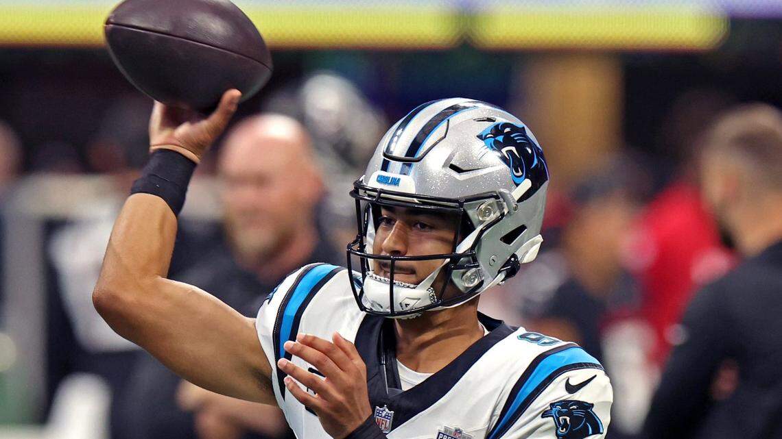 Carolina Panthers rookie quarterback Bryce Young warms up prior to action at Mercedes-Benz Stadium in Atlanta, GA on Sunday, September 10, 2023. Young and the Panthers open the NFL season against the Atlanta Falcons.