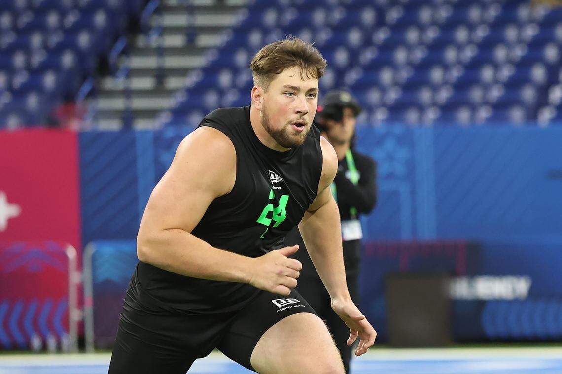 Monroe Freeling runs through a drill in March at the NFL’s scouting combine.