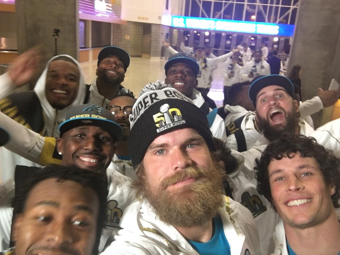 Carolina Panthers tight end Greg Olsen took this group selfie photo in the days leading up to Super Bowl 50. On Olsen’s immediate left is cornerback Josh Norman; linebacker Luke Kuechly is on his right.