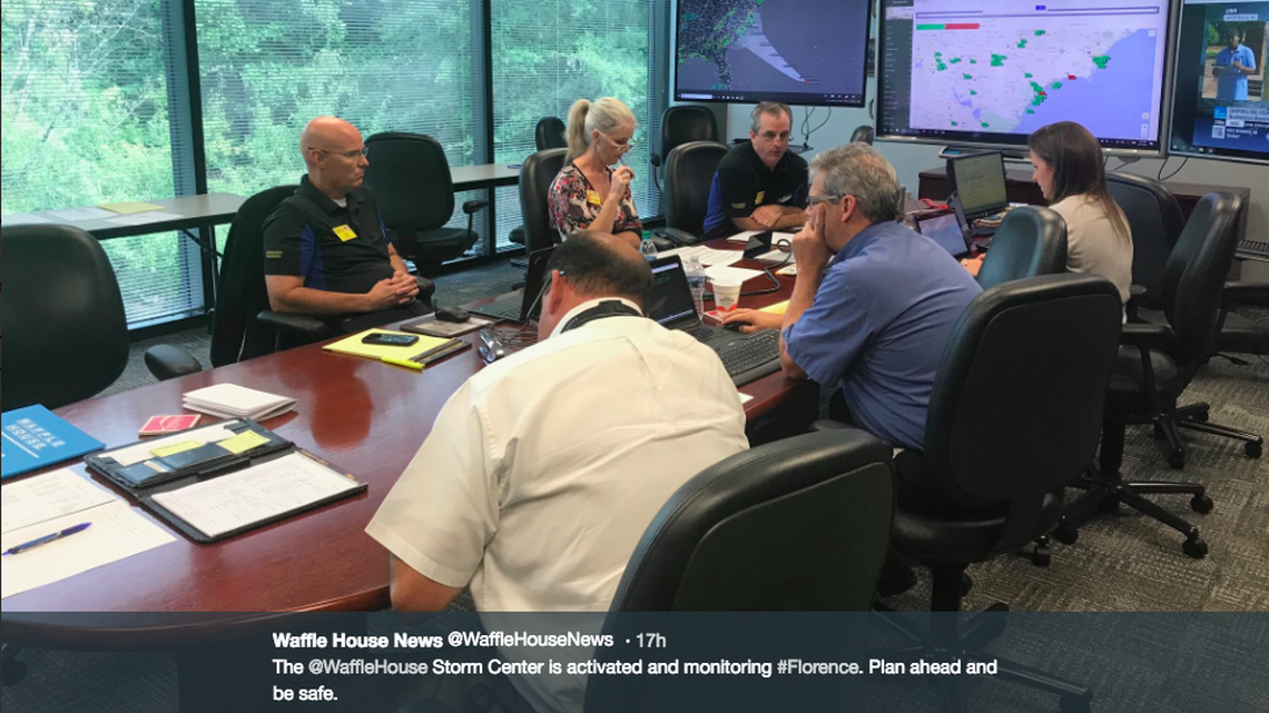 Waffle House activated a storm center in its headquarters to track Hurricane Florence, a category 4 storm heading toward the southeast. Waffle House stores are famous for staying open even in disasters.