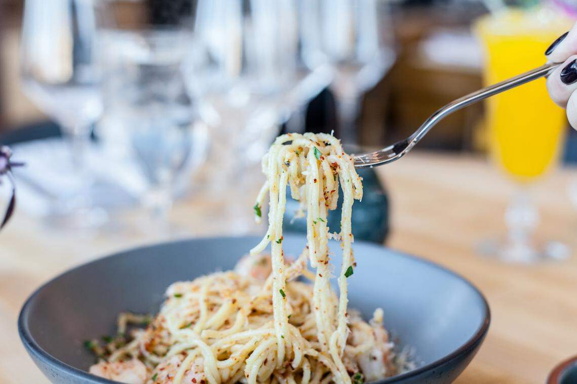 Indaco’s Spaghetti: N.C. Shrimp, aglio e olio, breadcrumbs
