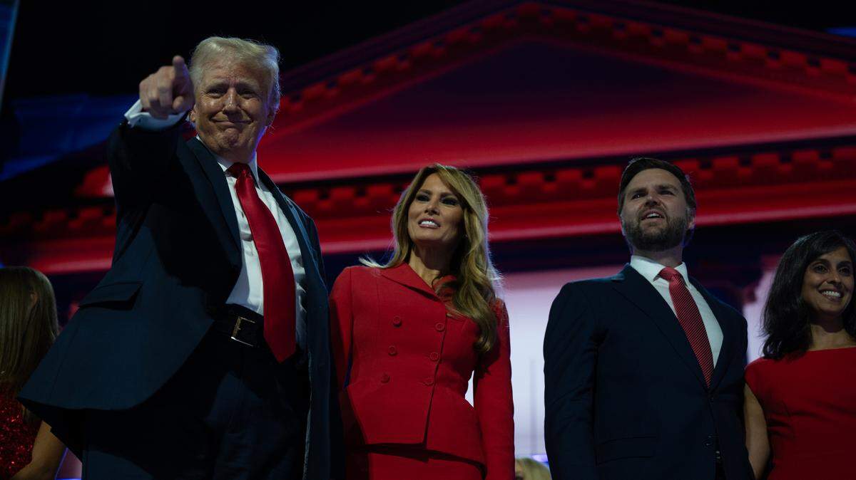 Former President Donald Trump after being nominated at the Republican National Convention in Milwaukee, Wis. on July 18, 2024. Beside him are his wife Melania Trump, vice presidential running mate JD Vance and wife Usha Vance.