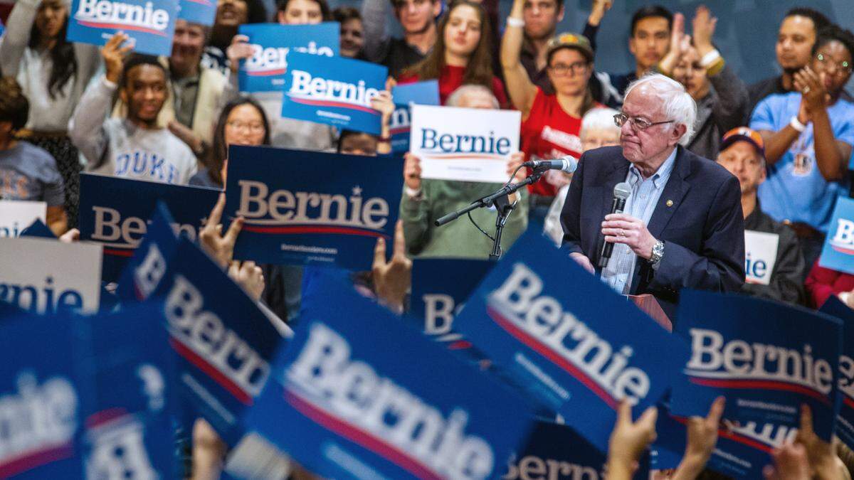 Sen. Bernie Sanders speaks during a campaign rally at the Durham Convention Center Friday, Feb. 14 2020. The campaign says about 3100 people attended the event.