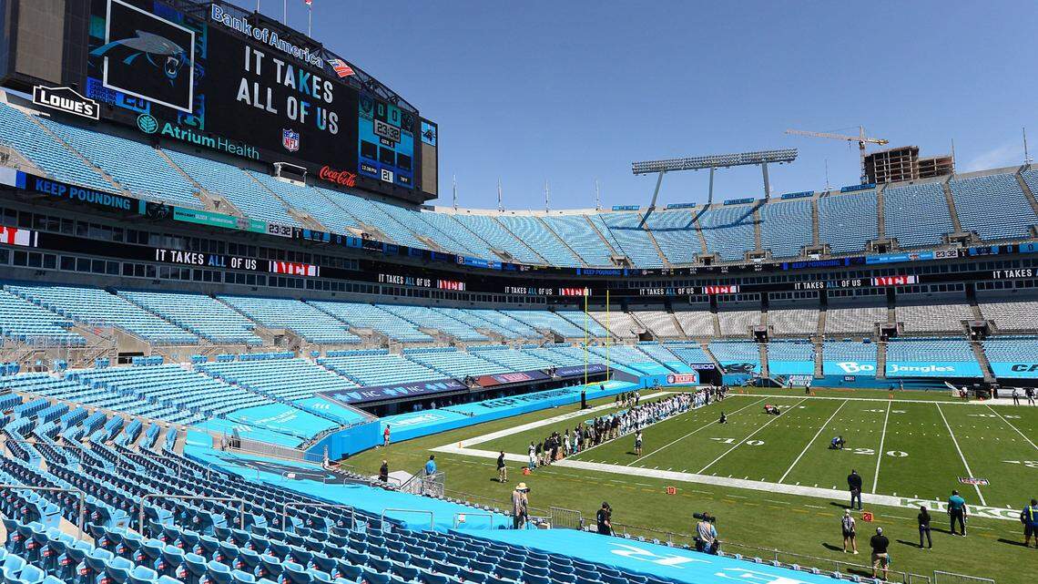 The Carolina Panthers play at Bank of America Stadium listening to the song Lift Every Voice and Sing on September 13, 2020 hosting the Las Vegas Raiders in NFL action with no fans in attendance due to the COVID-19 pandemic.