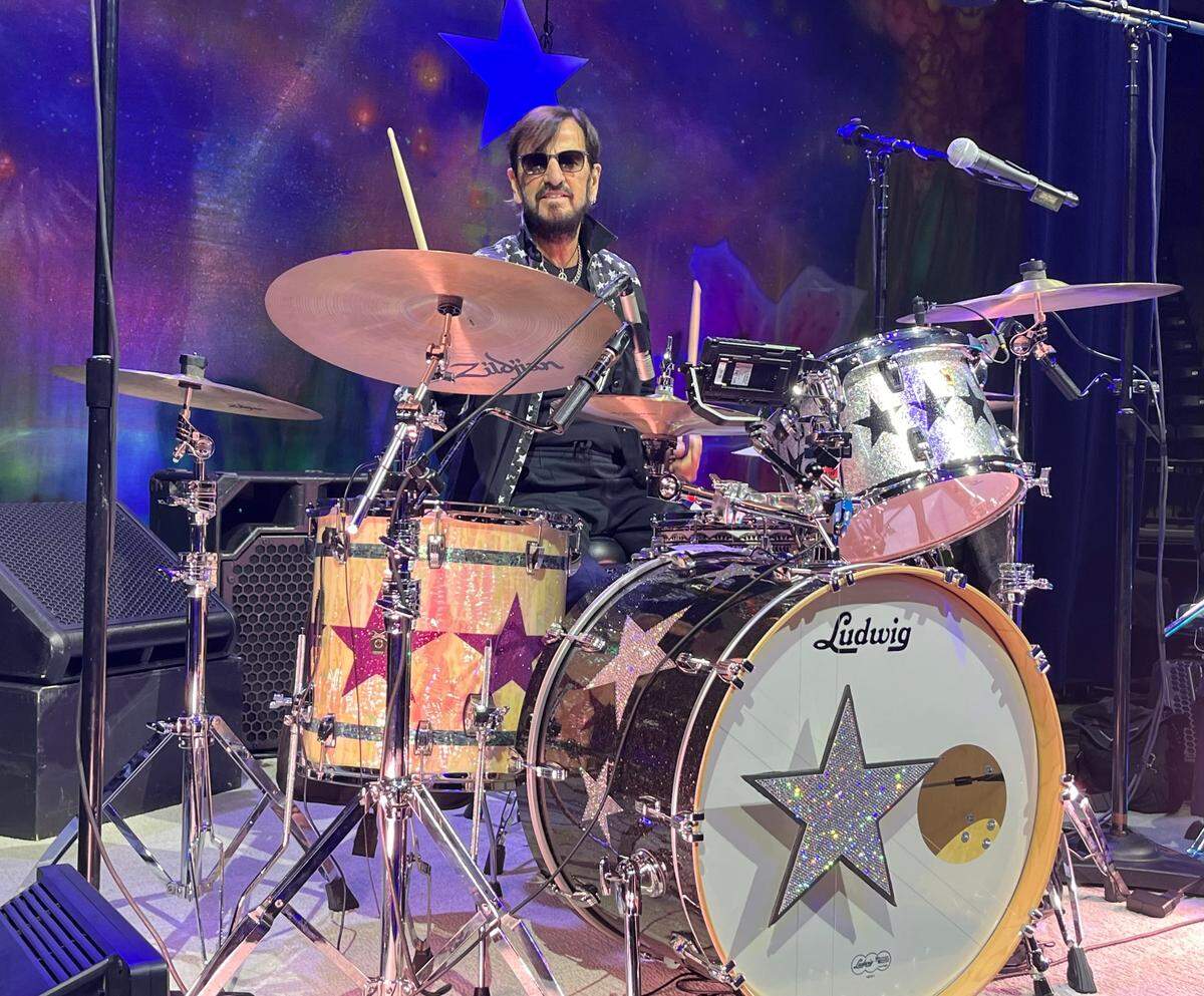 Ringo Starr on his “Jelly Bean” drum kit, a Ludwig drum set comprised of individual drums from his kits of the last 15 years.