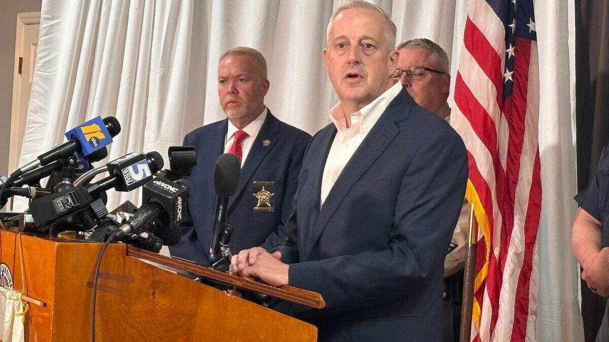 Republican U.S. Senate nominee Michael Whatley speaks at a Fraternal Order of Police event in Charlotte on Wednesday, March 4, 2026. Whatley said he would introduce a federal version of Iryna’s Law if elected.