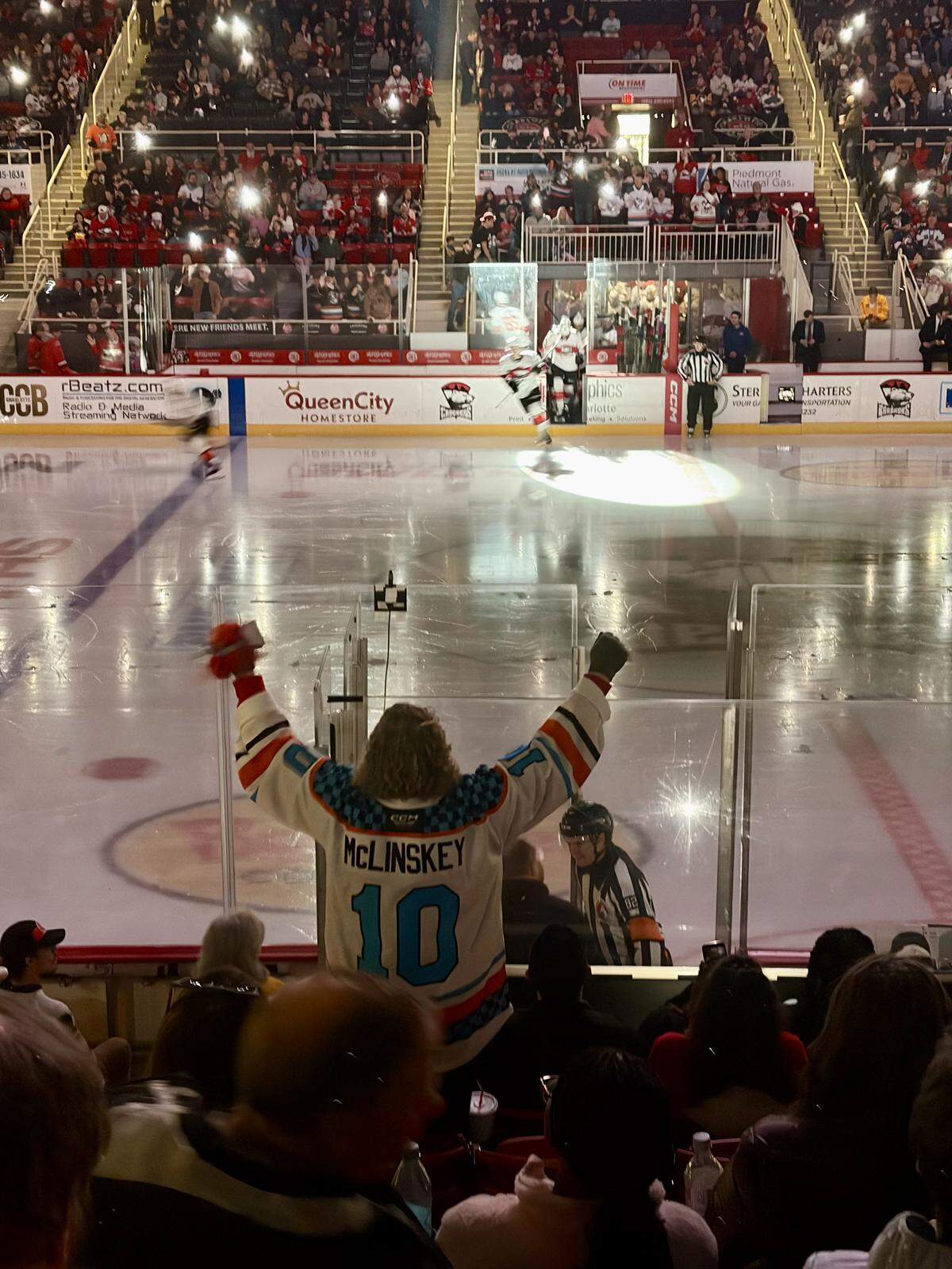 A fan cheers on the Charlotte Checkers during a game against the Bridgeport Islanders.