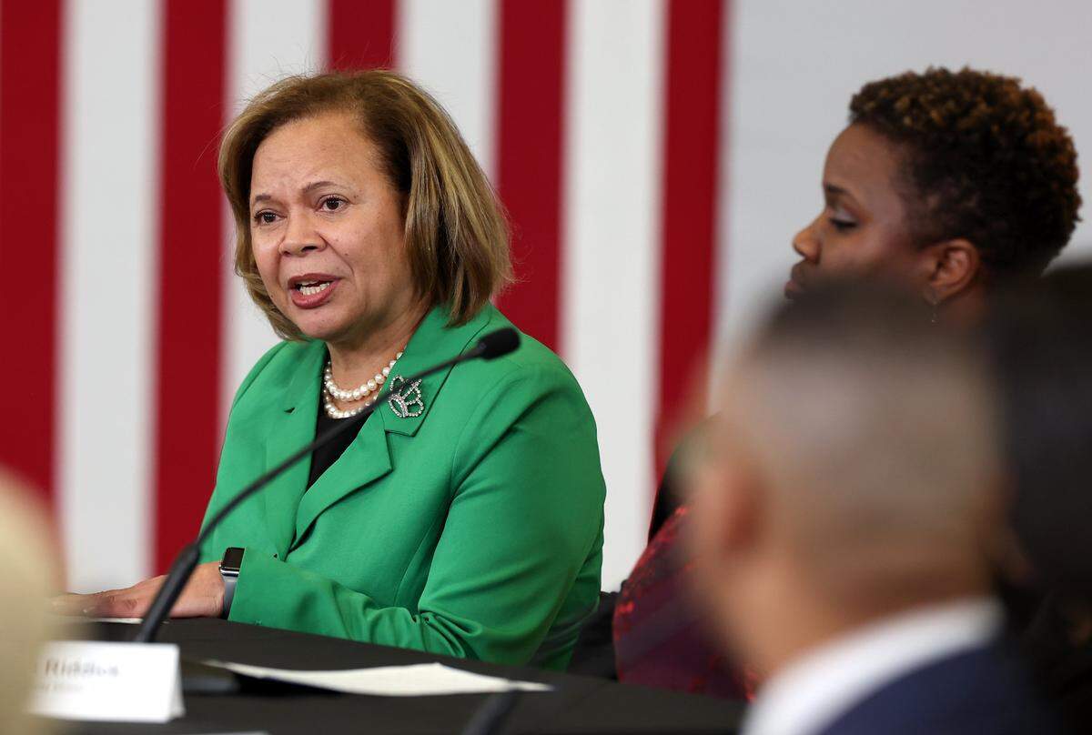 Charlotte Mayor Vi Lyles speaks during a roundtable event with Vice President Kamala Harris at Eastway Middle School on Thursday, January 11, 2024. Vice President Harris visited Charlotte to highlight the Biden-Harris Administration latest actions to reduce gun violence. Harris held a roundtable with educators, counselors, parents gun safety advocates and local and state leaders to announce new funding from the Bipartisan Safer Communities Act. The act will help schools throughout the state and country to increase access to mental health resources for their students.