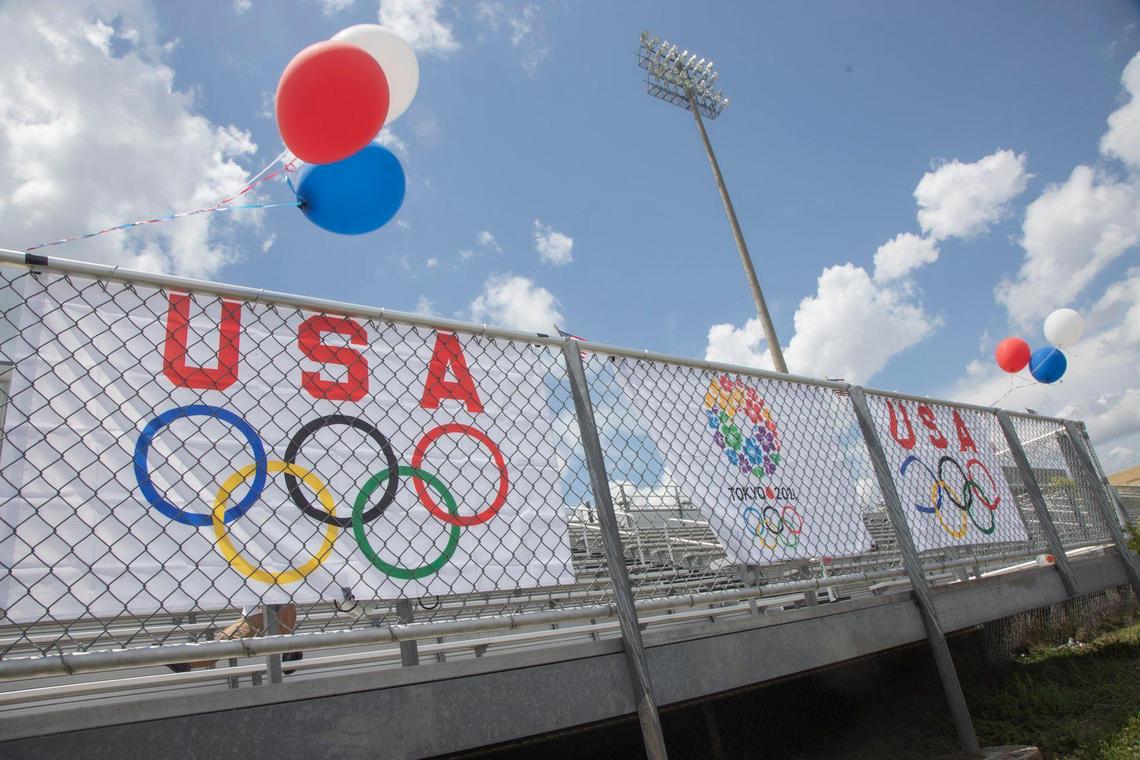 Olympic-themed decorations hang on the Mallard Creek track in Charlotte in honor of the school’s former track star Gabbi Cunningham, who made Team USA in the women’s 100 hurdles.