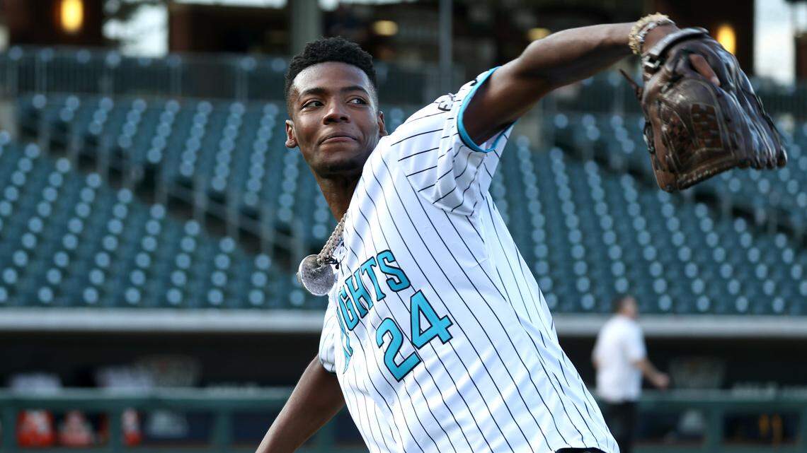 ‘Love doing stuff with the community’: Brandon Miller tosses first pitch at Knights game
