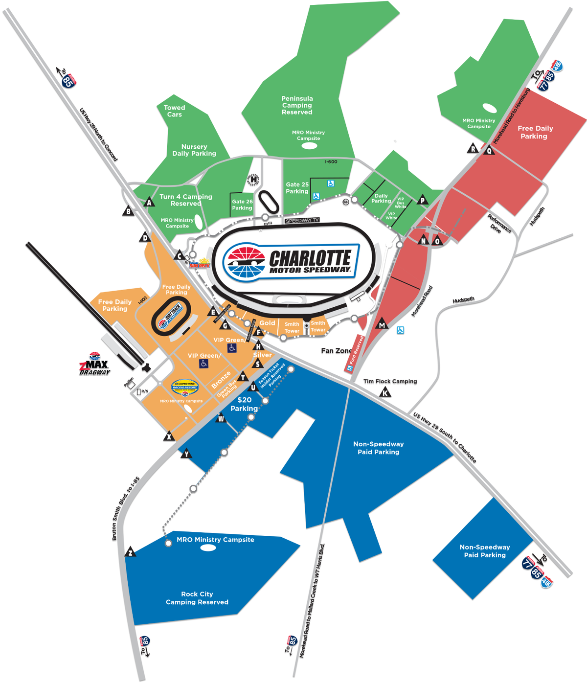 Guide to parking lots around Charlotte Motor Speedway for the NASCAR Cup Series Coca-Cola 600 Cup Series race in Concord, NC.