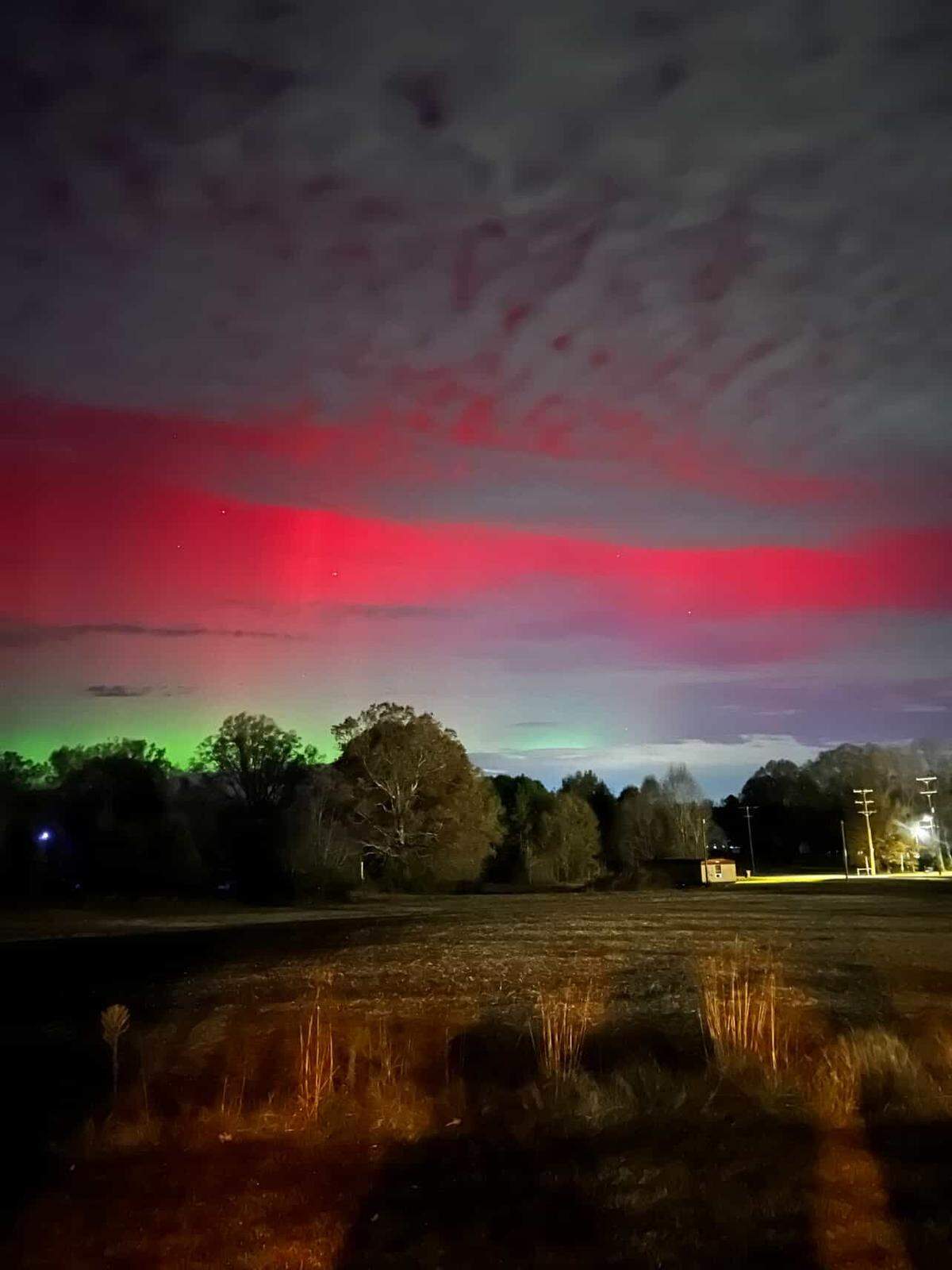 A vibrant nighttime landscape photo capturing a powerful aurora borealis. The sky is dominated by a wide, horizontal band of intense red light stretching across the clouds. Below the red band, a diffuse green glow is visible above a dark line of trees. The foreground is an empty, dark field with some illuminated dry grasses in the bottom center.