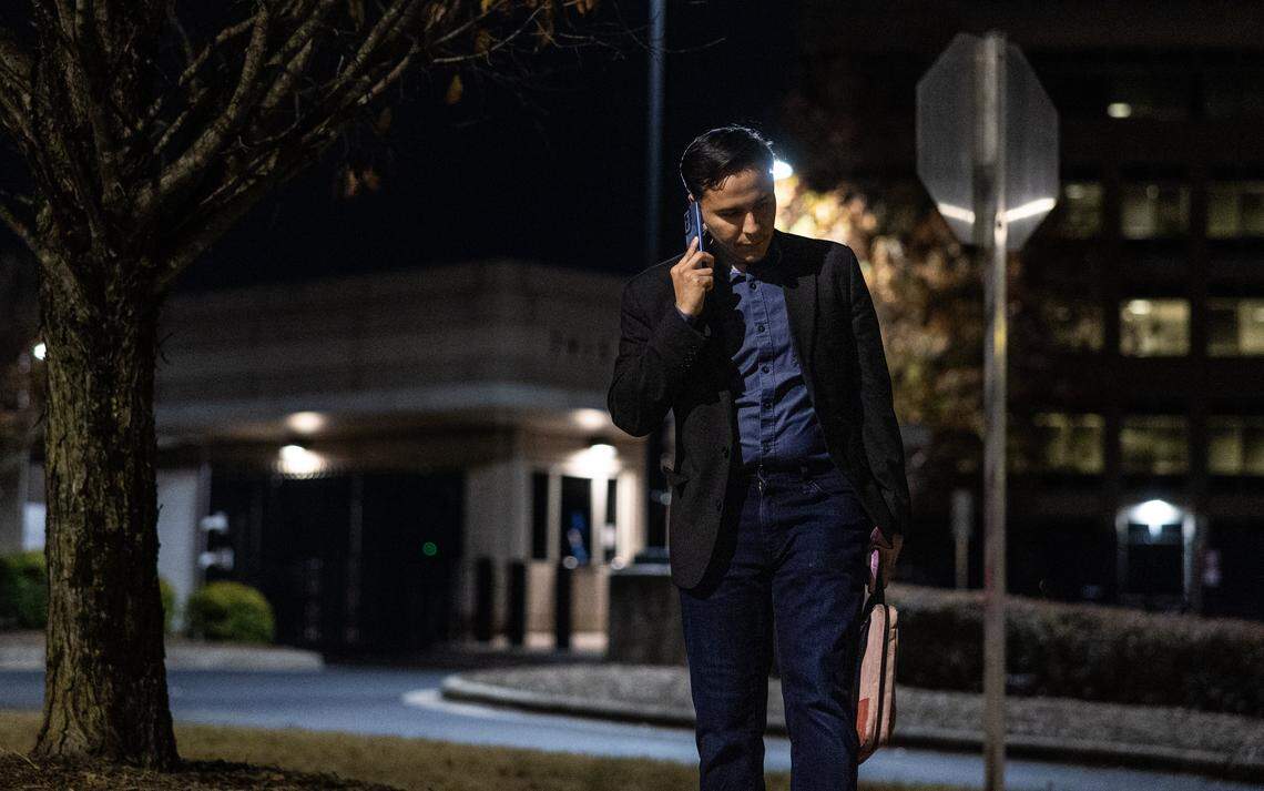 Attorney Xavier T. De Janon waits outside the FBI Charlotte field office for Joshua Long to be released in Charlotte, N.C., on Tuesday, November 18, 2025.