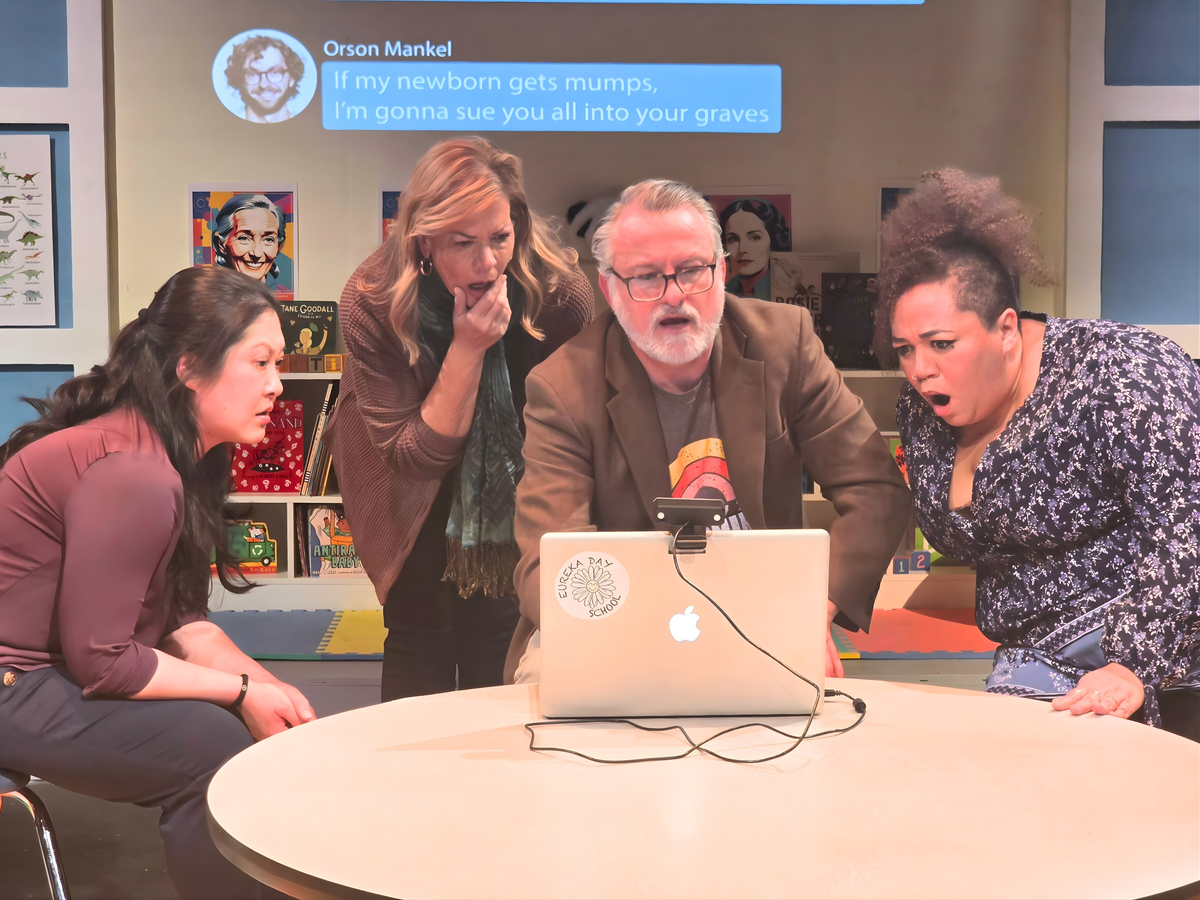 From left: Meiko (Amy Wada), Suzanne (Donna Scott), Don (Rob Addison) and Carina (Vanessa Robinson) in ‘Eureka Day’ from Three Bone Theatre.