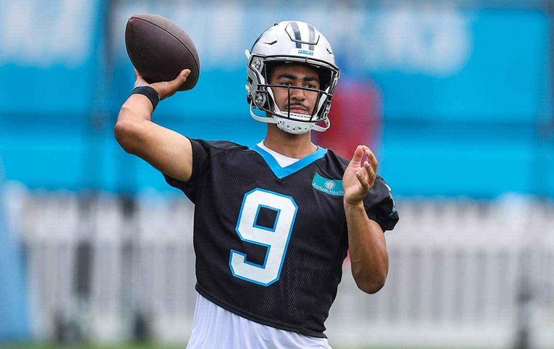 Panthers quarterback Bryce Young (9) cocks his arm back for a throw during training camp practice in Charlotte, NC on Monday, July 29, 2024.