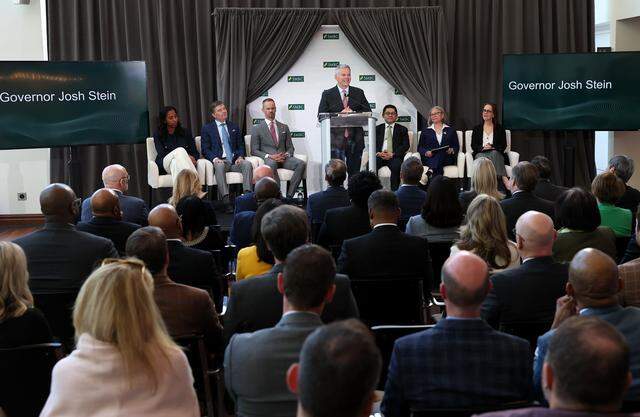 North Carolina Governor Josh Stein speaks during the announcement that the Japanese bank SMBC Group will be making Charlotte its second U.S. headquarters on Tuesday, April 7, 2026. In addition to the second headquarters, the bank has committed to add 2,000 high-paying financial services jobs from 2028 through 2032.