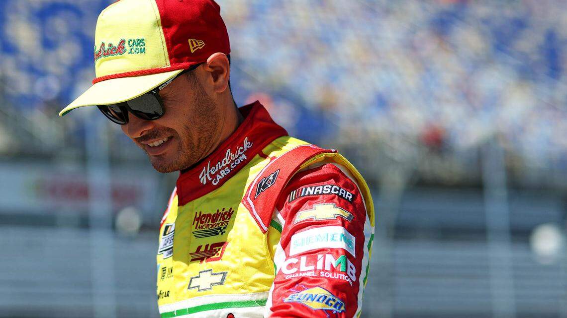 Kyle Larson (5) in his throwback Hendrick Cars fire suit during practice on May 11, 2024, in Darlington, S.C., for the Goodyear 400 at Darlington Raceway.
