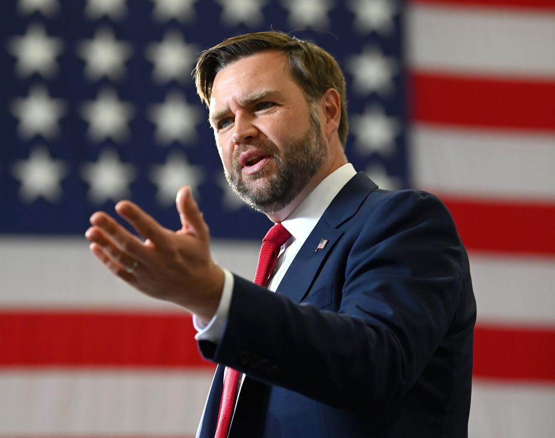 Vice President JD Vance speaks to attendees about the death of Iryna Zarutska, Charlie Kirk and the administration’s tax cuts at a hangar at Concord Padgett Regional Airport in Concord.