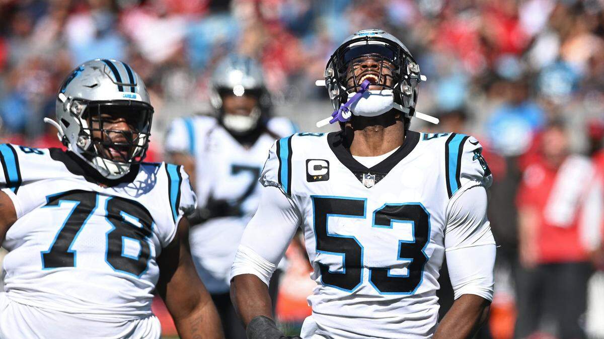 Carolina Panthers defensive end Brian Burns celebrates his sack of Tampa Bay Buccaneers quarterback Tom Brady during second quarter action at Bank of America Stadium in Charlotte, NC on Sunday, October 23, 2022.