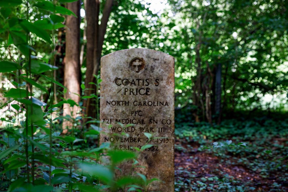 An intact headstone in the Grier Heights cemetery of St. Lloyd Presbyterian Church is part of a renovation project by the church’s foundation to preserve cemeteries in Charlotte on Monday, July 8, 2024.