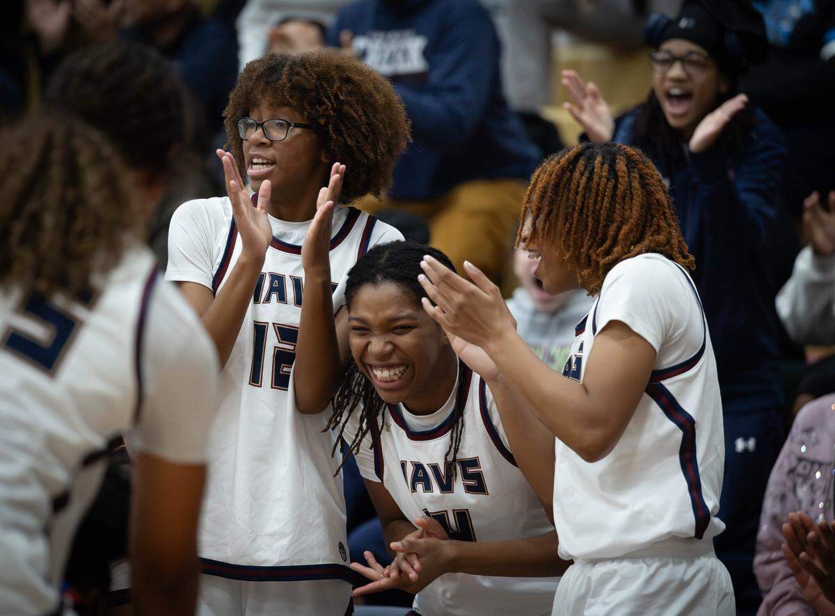The Lady Maverick bench celebrates a North Meck turnover during late 2nd quarter action. Mallard Creek would host the North Meck Lady Vikings in a much anticipated conference game Tuesday January 6, 2026.
