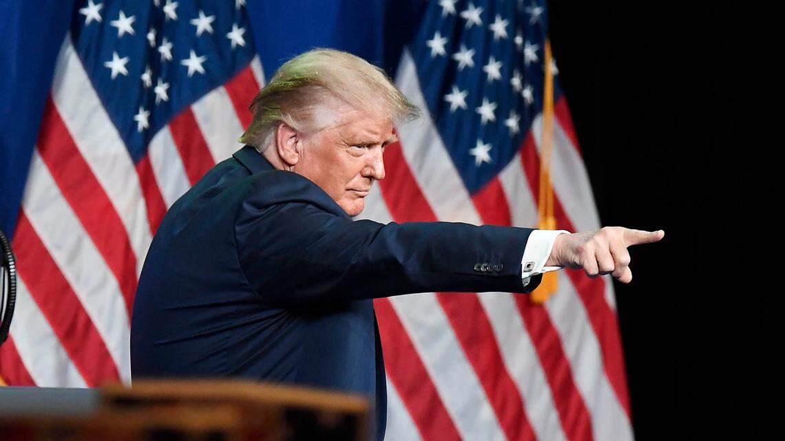 President Donald J. Trump points to a delegate after addressing the Republican National Convention at the Charlotte Convention Center in Charlotte, N.C., Monday August, 24, 2020. The GOP convention was scaled back this year because of the coronavirus pandemic.
