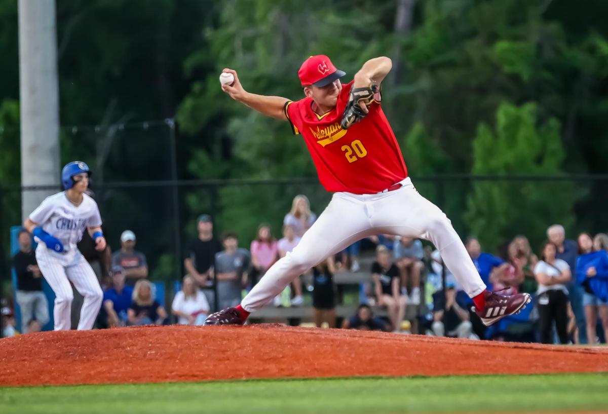 Wesleyan Christian pitcher Sam Cozart takes control of the game from the heart of the diamond at Charlotte Christian in theNCISAA state semifinals on May 14th, 2025 in Charlotte, NC