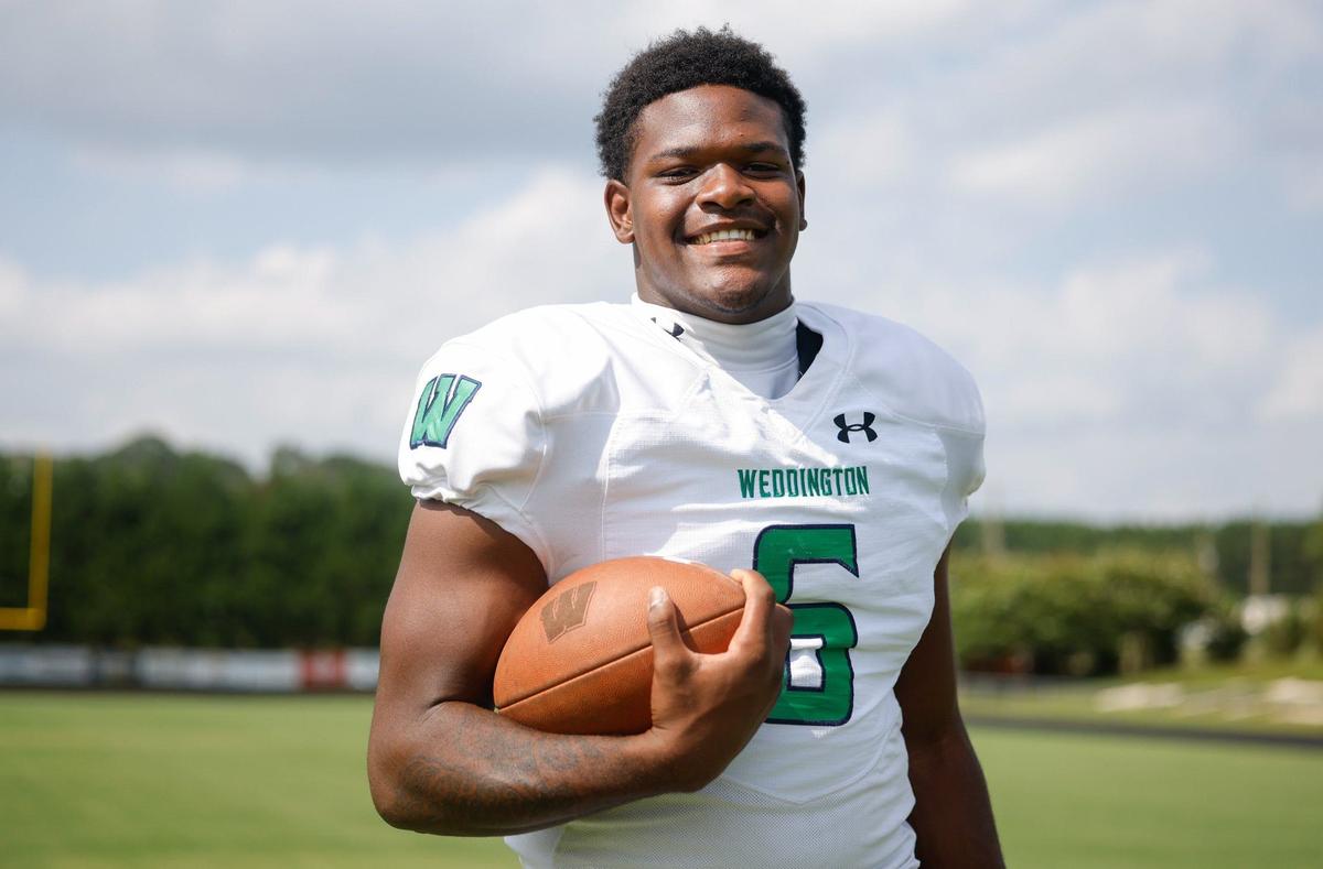 Weddington defensive lineman Aidan Harris poses before football practice on Tuesday, August 20, 2024. Weddington will face Providence on Thursday, Aug. 22nd at Bank of America Stadium.