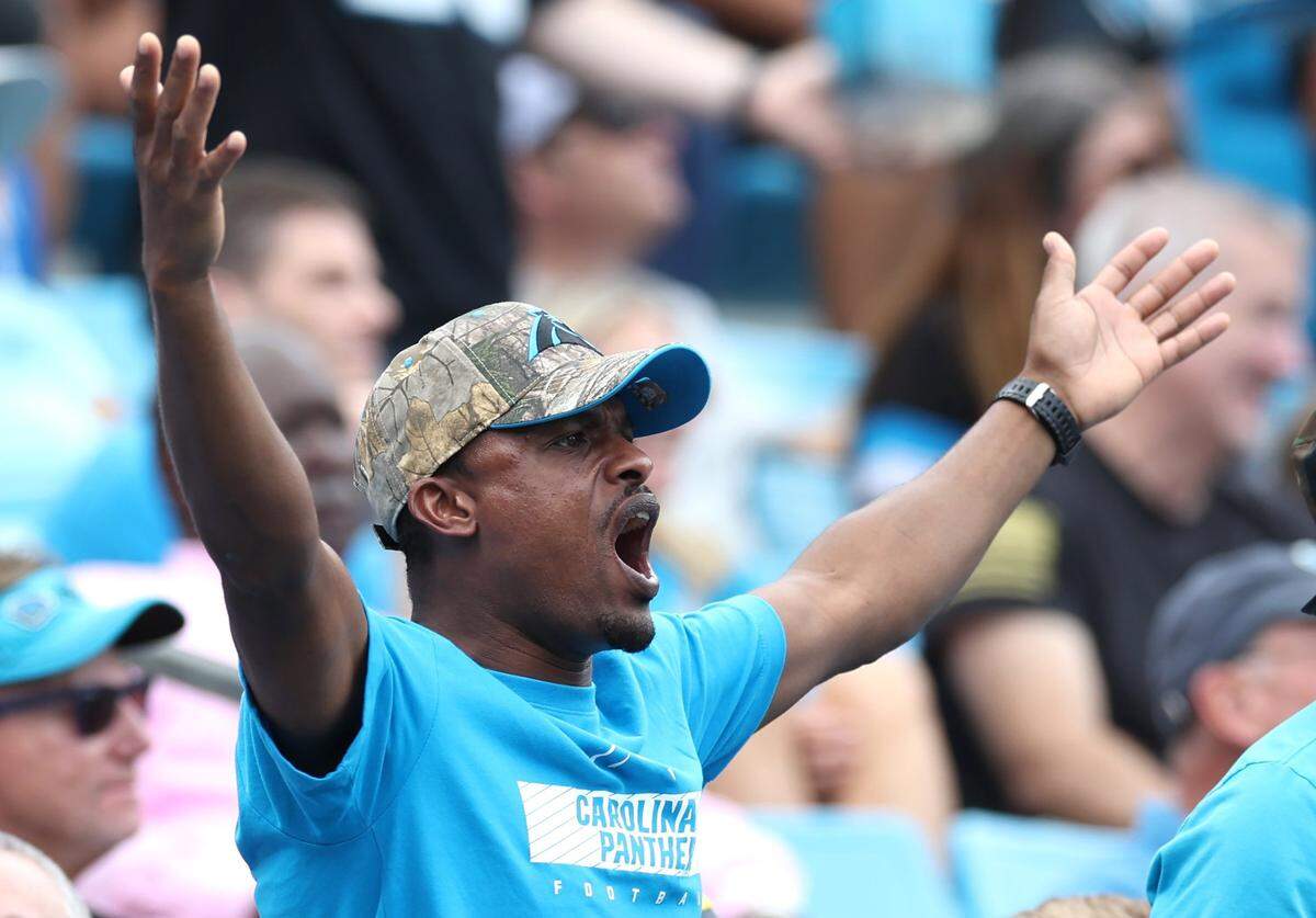 A Carolina Panthers fan reacts to a call against the team during action against the Los Angeles Chargers on Sunday, September 15, 2024 at Bank of America Stadium in Charlotte, NC.