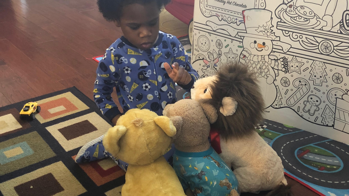Ashley Roseboro’s son, Kam, combines “Pajama Day” and “Show & Share” during homeschool.