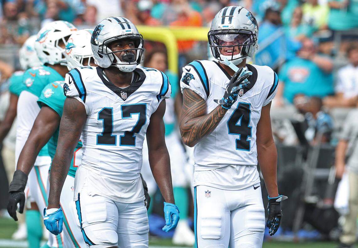 Carolina Panthers wide receivers Xavier Legette, left and Tetairoa McMillan, right, during action against the Miami Dolphins on Sunday, October 5, 2025 at Bank of America Stadium in Charlotte, NC. The Panthers defeated the Dolphins 27-24.