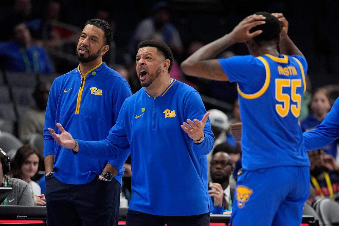 Mar 11, 2025; Charlotte, NC, USA; Pittsburgh Panthers head coach Jeff Capel reacts to a foul call with zero on the clock late during the second half at Spectrum Center.