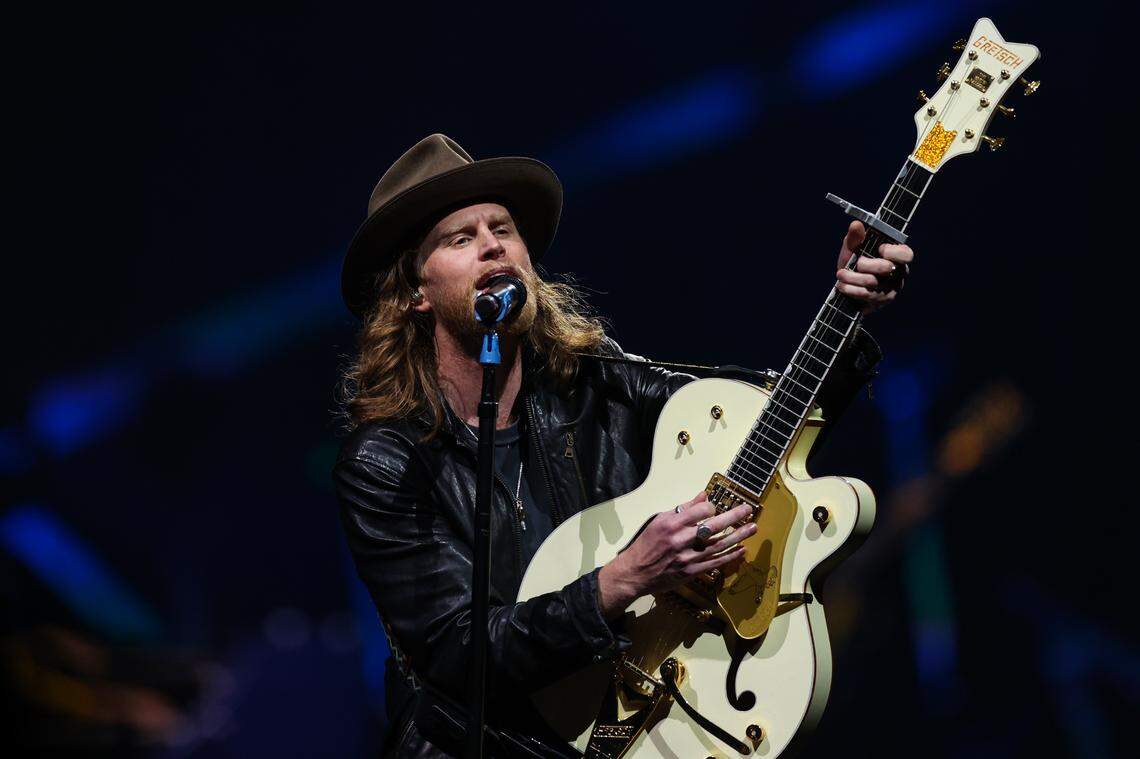 The Lumineers’ head vocalist Wesley Schultz performs during a concert at Spectrum Center on Saturday, August 27, 2022 in Charlotte, NC.