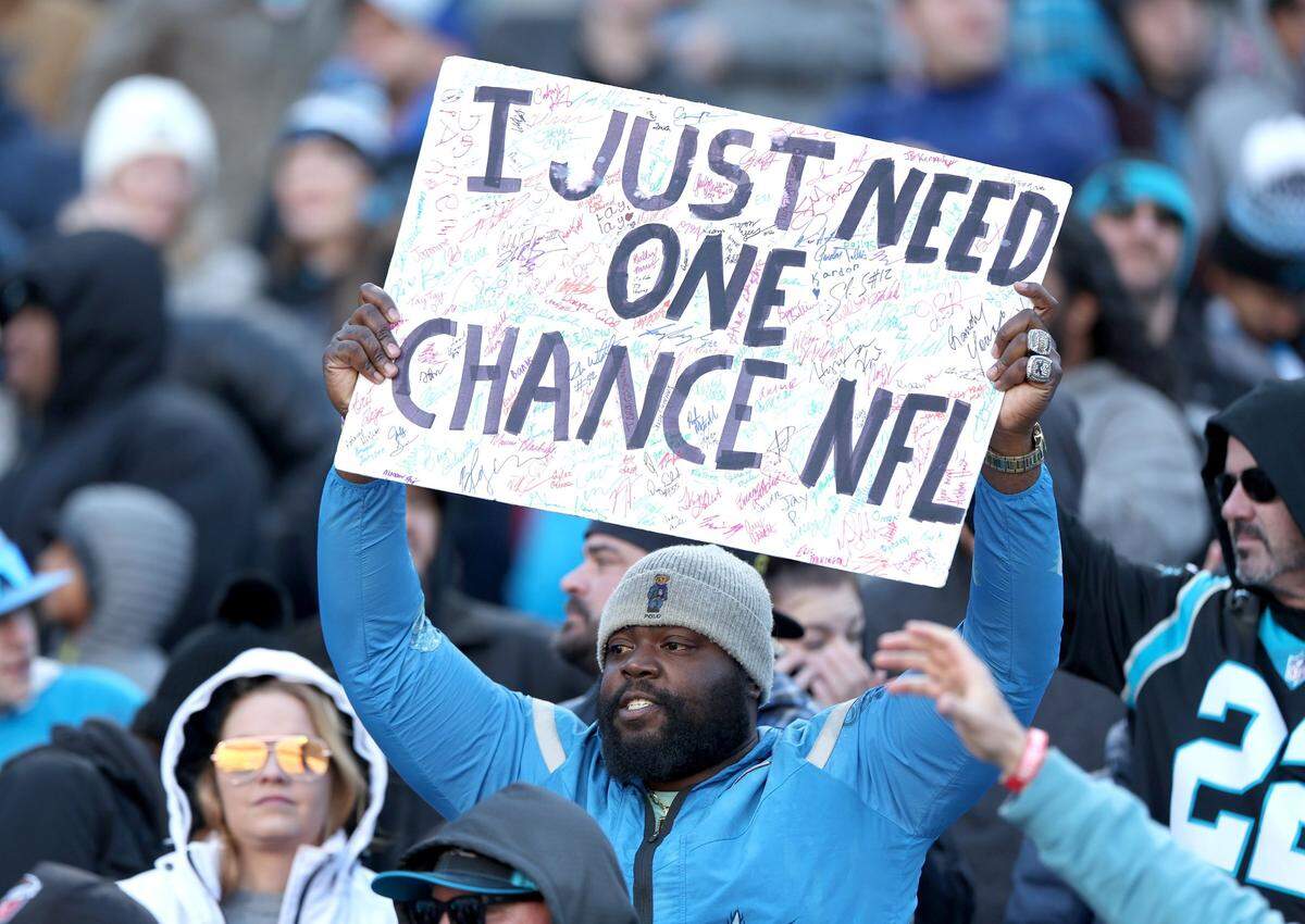 A Carolina Panthers fan is just looking for his chance as the team battled the Tampa Bay Buccaneers during fourth- quarter action at Bank of America Stadium in Charlotte, NC on Sunday, January 7, 2024. The Buccaneers defeated the Panthers 9-0.