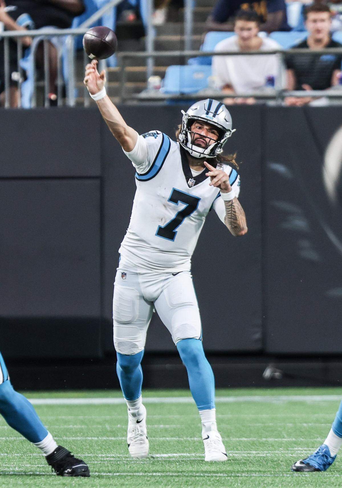 Carolina Panthers Will Grier passes at the Bank of America Stadium in Charlotte, N.C., on Saturday, August 21, 2021.