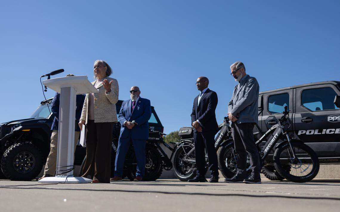 Mayor Vi Lyles speaks during a press conference to announce and detail new security enhancements being implemented throughout CATS Charlotte, N.C., on Friday, October 3, 2025.