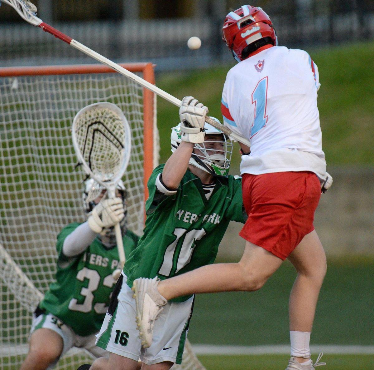 Charlotte Catholic’s, #1. Jack Ransom, a Georgetown recruit, is a standout player for the Cougars. He recently scored seven goals against Myers Park. The teams battled on Monday, April 8, 2024.