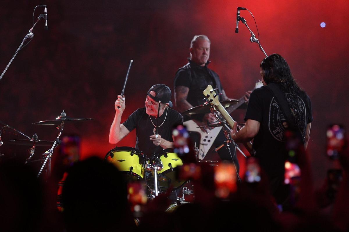 Metallica drummer Lars Ulrich performs at Bank of America Stadium in Charlotte, NC on Saturday, May 31, 2025.