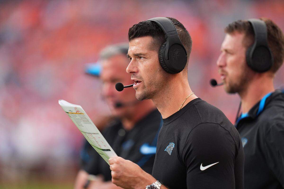 Oct 27, 2024; Denver, Colorado, USA; Carolina Panthers head coach Dave Canales during the second half against the Denver Broncos at Empower Field at Mile High. Mandatory Credit: Ron Chenoy-Imagn Images