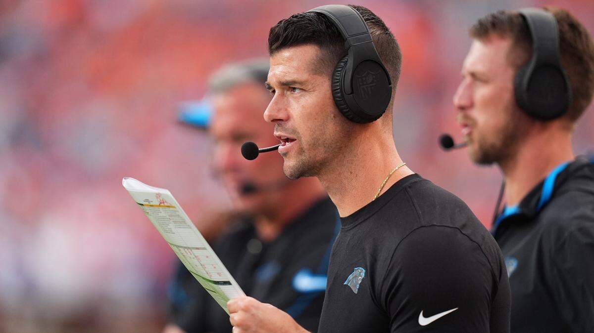 Oct 27, 2024; Denver, Colorado, USA; Carolina Panthers head coach Dave Canales during the second half against the Denver Broncos at Empower Field at Mile High. Mandatory Credit: Ron Chenoy-Imagn Images