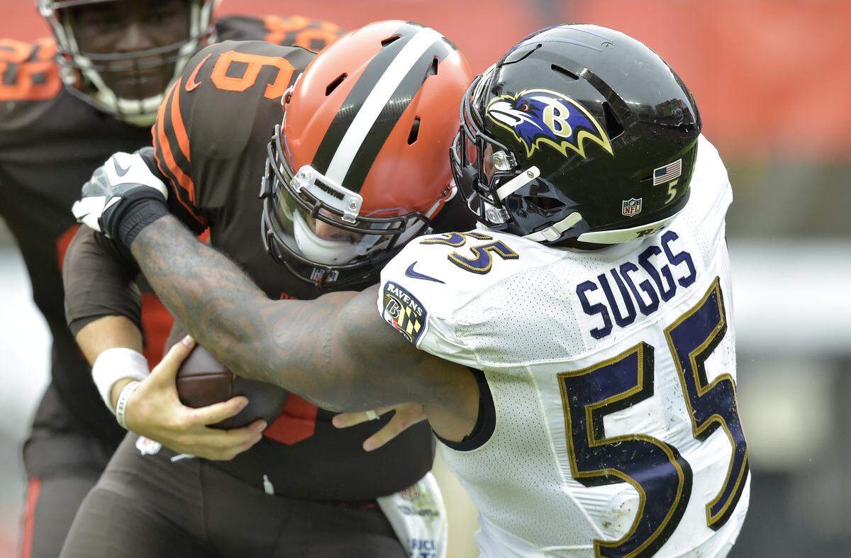 Baltimore Ravens pass-rusher Terrell Suggs (55) already has 5.5 sacks this season, and he and the rest of the Ravens front will be looking to hit Panthers quarterback Cam Newton on Sunday.