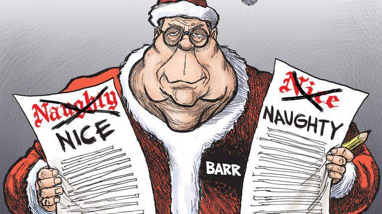 Kevin Siers cartoon: Bad Barr Santa’s Christmas lists