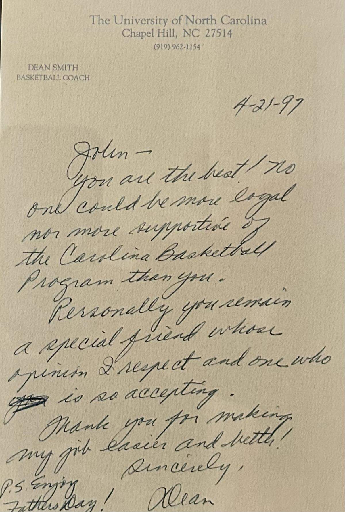 John Kilgo keeps a framed letter from former UNC basketball coach Dean Smith in his Davidson home. Smith wrote the letter to Kilgo in April 1997; the coach would retire a few months later. Kilgo co-wrote two books with Smith and hosted the coach’s radio and TV shows for years. Smith always preferred the radio show, Kilgo said, because he could give longer and more complete answers.