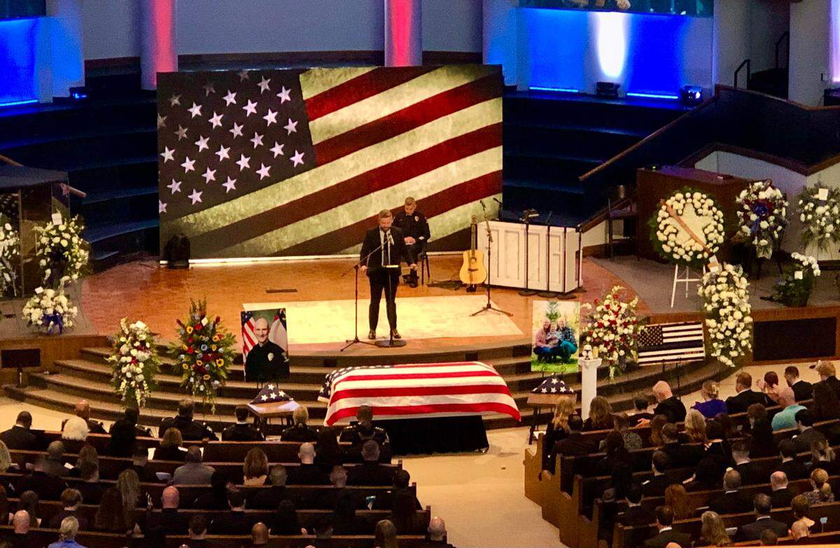 A memorial service for fallen CMPD Officer Joshua Eyer inside First Baptist Church on Friday, May 3, 2024 in Charlotte, NC