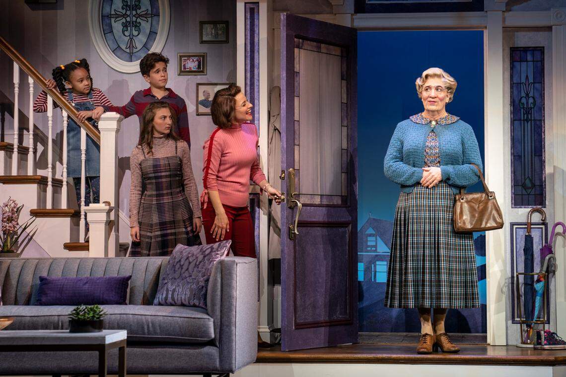 The original Broadway cast of “Mrs. Doubtfire” includes Rob McClure, far right, (Daniel Hillard as Euphegenia Doubtfire). Charlotte audiences will get to say “Helllloooo” to McClure next spring when he reprises the title role on the national tour.