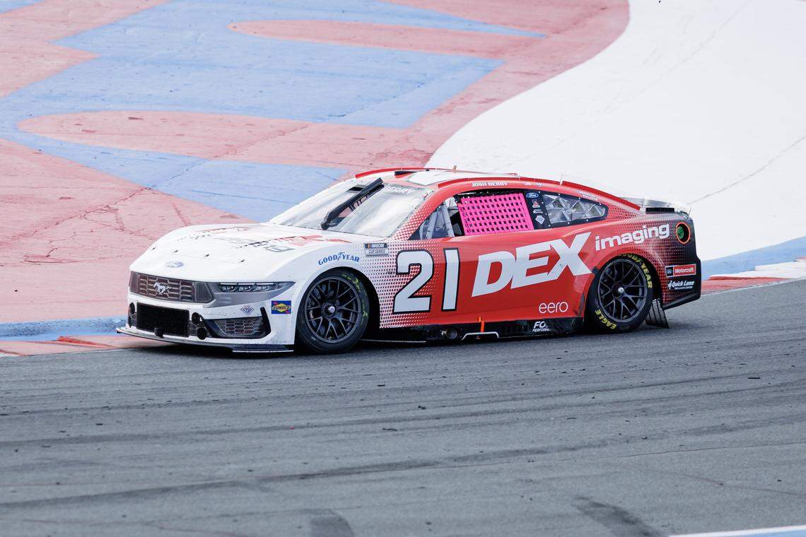 Josh Berry #21 driving the Woods Brothers Ford Mustang would wreck and finish in 36th place at the Bank of America Roval 400 on Sunday, Oct. 5, 2025, at Charlotte Motor Speedway.